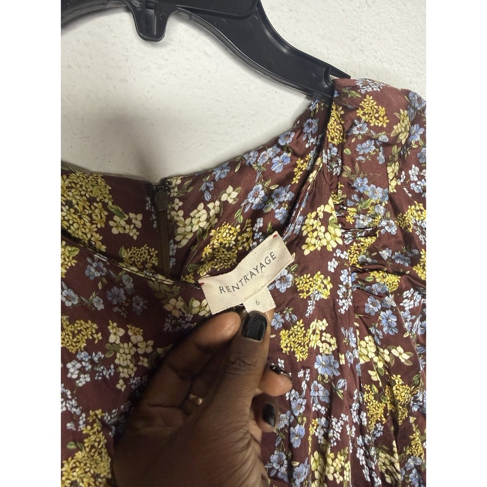 $695 Rentrayage Women's Brown Floral Ruched Baby Cleo Dress Size 6 - Picture 5 of 15